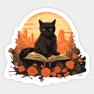 Floral Black Cat And Book Catshirt Sticker